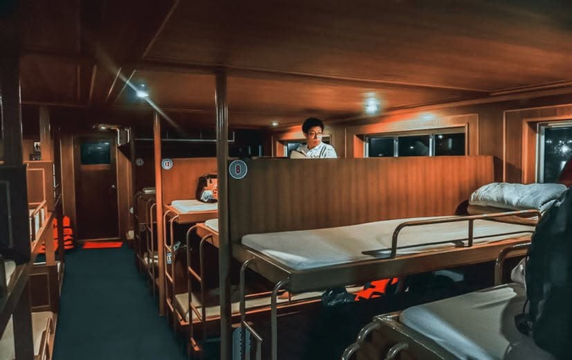 Close view of bunk berths inside a Ko Jaroen night ferry; boat assigned to a booking may vary